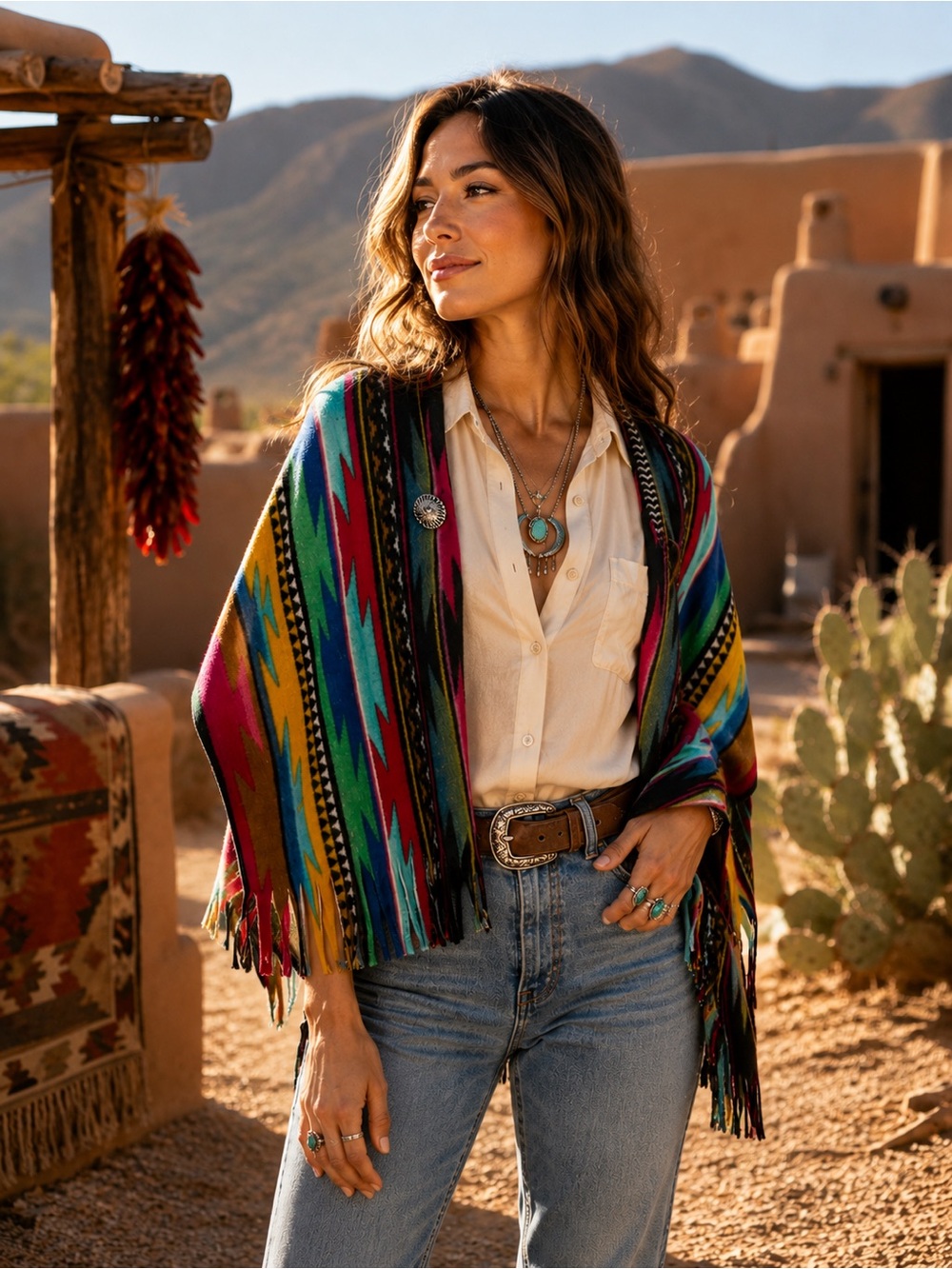 Southwestern Fleece Cape Vest Serape Print Fringe Poncho Shaw One S